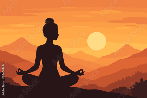 Tranquil Yoga Meditation Silhouette of Woman in Lotus Pose at Sunset Over Serene Mountain Landscape. Peaceful Mindfulness Retreat. Wellness, Calm, Nature, Outdoor Relaxation Vector Illustration