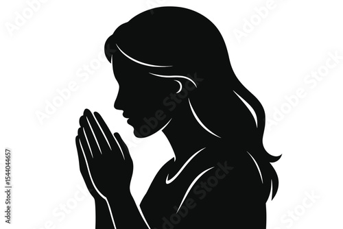 Silhouette of woman praying hands together in devotion seeking spiritual faith guidance hope. Female worshiper illustration for religion meditation peace prayer belief concept vector graphic
