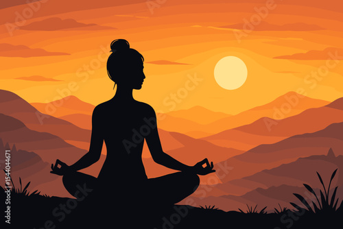 Peaceful woman silhouette practicing yoga meditation in lotus pose at sunset, tranquil mountain landscape, mindfulness, relaxation, wellness, serene outdoor nature scene, vector illustration