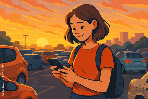 Young woman texting on smartphone in a city parking lot at sunset. Vector cartoon illustration of a girl using mobile phone for communication, social media, or navigation app.