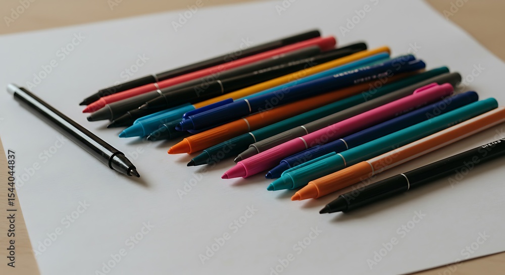 set of colored pens on a sheet of paper set of colored pens on a sheet of paper