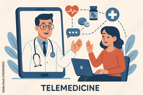 Telemedicine consultation concept. Patient and doctor communicating online via video call. Digital health care, remote medical advice, virtual diagnosis, modern telehealth technology illustration