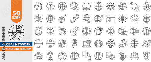 Global Network Line Icon Set – Editable Vector Icons for Connectivity, Worldwide Web & Communication. Editable Stroke. Vector illustration.
