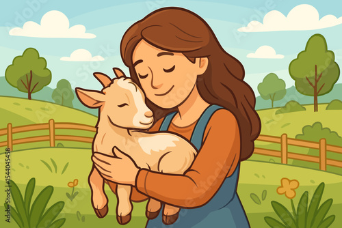 Happy woman farmer hugging a cute baby goat. Concept of animal care, love, and compassion. Vector cartoon illustration of a girl in a serene countryside farm setting. Rural life.