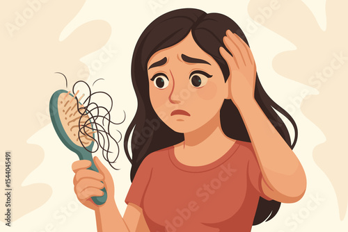 Stressed woman looking at hairbrush with fallen hair. Hair loss, alopecia, and hair thinning problem concept. Female baldness symptom. Health and beauty vector illustration.