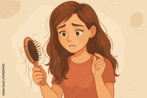 Sad worried woman holding a brush with hair loss. Concept of hair fall problem, alopecia, female pattern baldness. Thinning hair symptom from stress or hormonal imbalance.