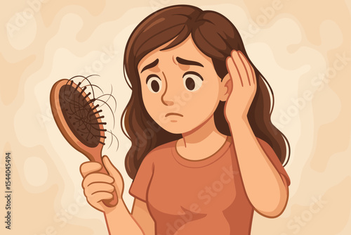 Sad woman concerned about hair loss holding a brush full of fallen hair. Concept of alopecia, hair fall, thinning hair. Symptom of stress, disease, or vitamin deficiency. Vector.