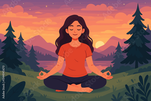 Woman meditating in lotus pose in peaceful nature landscape. Yoga for relaxation, mindfulness, and mental health. Calm girl finding harmony at sunset. Vector illustration.