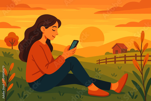 Woman relaxing in nature with smartphone at sunset. Girl enjoys peaceful moment in a rural countryside landscape. Concept of digital connection, leisure and wellbeing. Vector illustration.