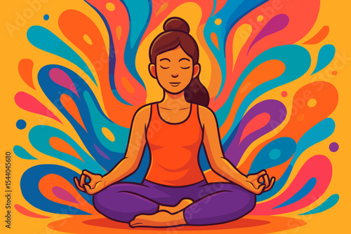 Woman meditating in yoga lotus pose. Concept of mindfulness, relaxation, spiritual energy. Psychedelic groovy abstract background. Vector illustration for wellness, mental health.