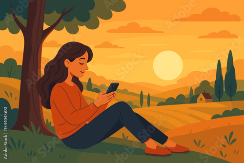 Woman unwinding with smartphone in peaceful nature at sunset. Girl relaxing under tree on a hill, browsing phone in a rural landscape. Digital lifestyle and leisure vector concept.