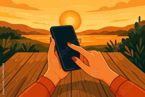 Female hands holding smartphone, touching screen, sitting at rustic wooden table outdoors at sunset, vibrant orange landscape, digital detox, summer evening, nature connection, vector illustration