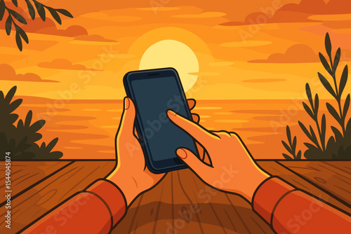 Woman Hands Holding Smartphone at Sunset Outdoors, Touching Screen on Wooden Table, Summer Nature Landscape, Relaxing Digital Detox Concept, Vector Cartoon Illustration, No Text Design