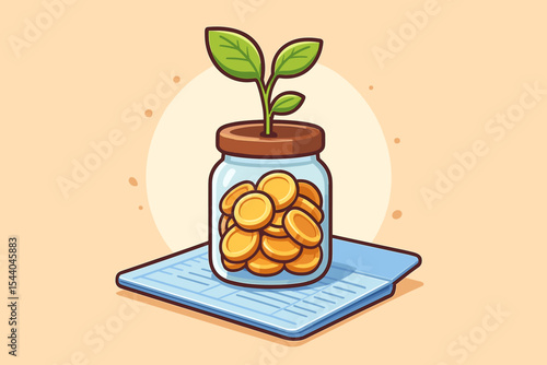 Financial growth metaphor with a plant sprout growing from a glass jar of gold coins on a bank passbook. Investment, savings, pension, and passive income concept. Vector illustration.