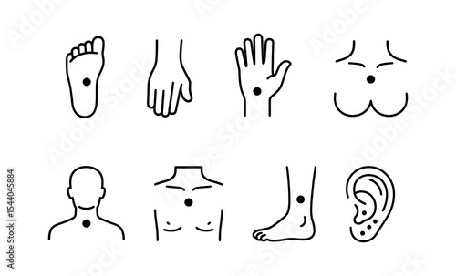 Acupuncture point diagrams on human body parts: foot, hand, neck, head, chest, leg, ear