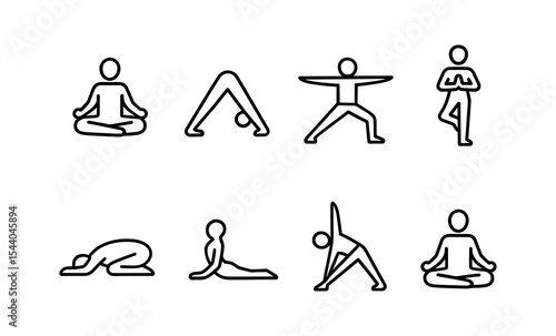 Simple yoga pose icons: meditation, downward dog, warrior, tree, child, cobra, triangle