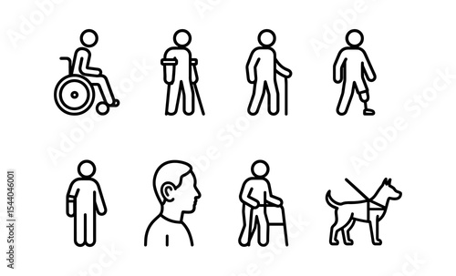 Diverse disability icons set with wheelchair, crutches, cane, prosthetic, arm support, guide dog