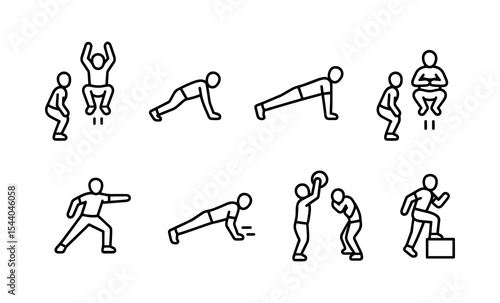 Stick figure exercise illustrations with various fitness poses