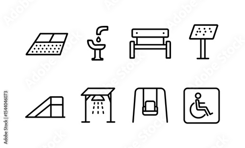 Park icons: bench, fountain, playground, braille, swing, accessible facilities