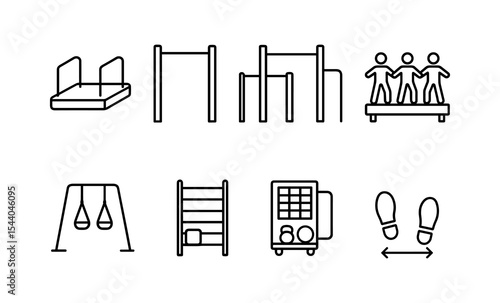 Outdoor fitness equipment icons: swings, bars, steppers, footprints