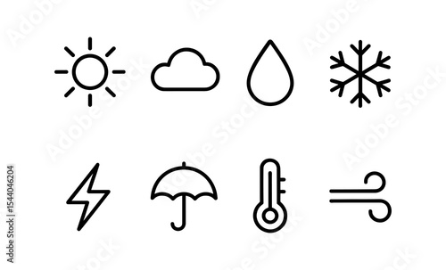 Weather icons: sun, cloud, rain, snow, lightning, umbrella, thermometer, wind