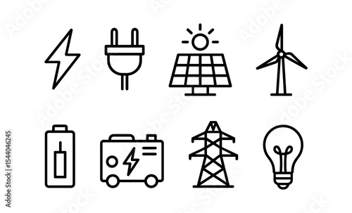 Minimalist icons of renewable energy sources and power generation