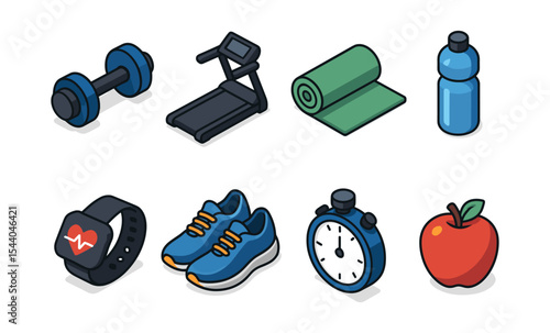 Isometric fitness icons: dumbbell, treadmill, yoga mat, water bottle, smartwatch, sneakers, stopwatch, apple