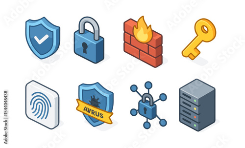 Cybersecurity icons: shield, lock, firewall, key, fingerprint, virus protection, network, server