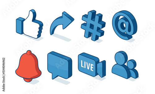 Isometric social media icons: like, share, hashtag, mention, notification, chat, live, group