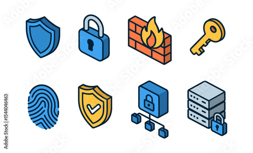 Cybersecurity icons: shield, lock, firewall, key, fingerprint, secure network, server