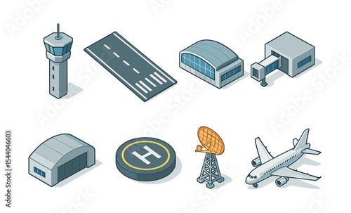Isometric airport elements including control tower, runway, hangar, jet bridge, helipad, radar tower, and airplane
