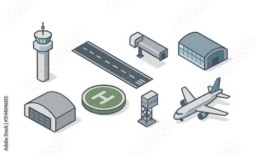 Isometric airport icons set with airplane, runway, control tower, and hangars