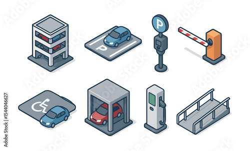 Isometric urban parking elements: cars, charging stations, accessibility features
