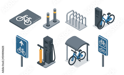 Isometric bicycle infrastructure icons: bike lanes, racks, and pump stations