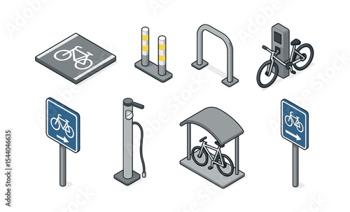 Isometric bicycle infrastructure elements: parking, lanes, signs, pump, lockers, paths
