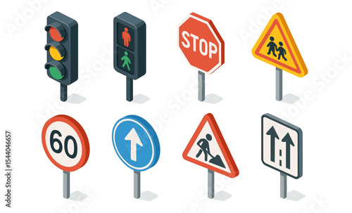 Isometric traffic signs collection: stop, speed, pedestrian, construction