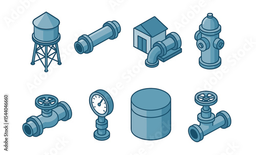 Isometric blue water supply system icons: tower, pipe, hydrant, pump