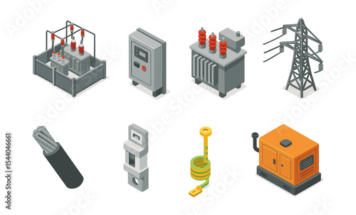 Electrical equipment icons: transformer, power line, generator, circuit breaker, cable