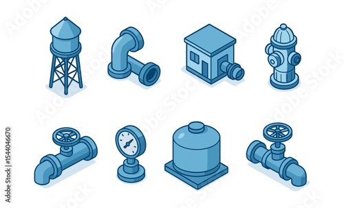 Isometric blue industrial icons: water tower, pipes, hydrant, gauge, valves, pump station