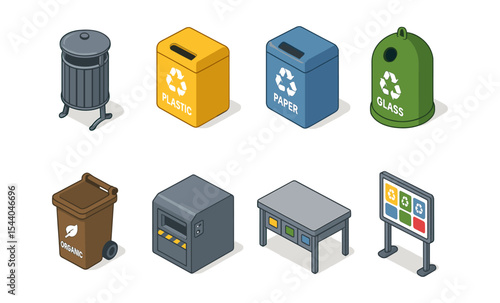 Isometric recycling bins and waste management icons for plastic, paper, glass, and organic materials