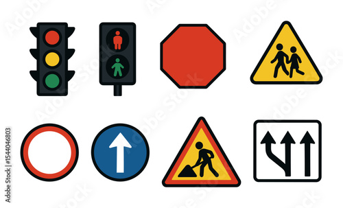 Collection of traffic and road signs: stop, pedestrian, construction, arrow, directional, and safety symbols