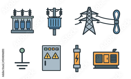 Electrical component icons: transformer, power lines, and generator illustrations
