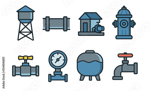 Water supply and management icons set featuring hydrant, pipelines, and valves