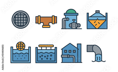 Water treatment process icons: filtration, storage, distribution, waste management