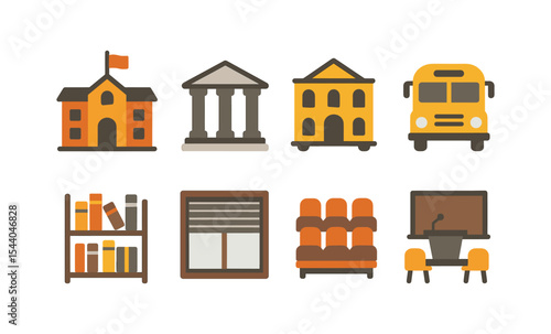Set of education and school icons: buildings, bus, books, window, armchairs, desk