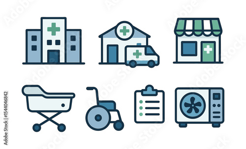 Medical facility icons: hospital, pharmacy, ambulance, wheelchair, checklist, ventilator