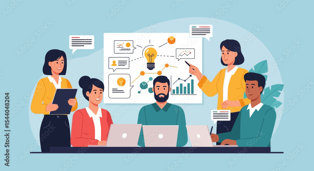 Teamwork, Brainstorming, and Strategic Planning A Collaborative Business Meeting Illustration Teamwork, Brainstorming, and Strategic Planning A Collaborative Business Meeting Illustration