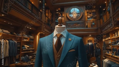 Luxurious men's clothing store, filled with dark wood and elegant suits. A teal-and-brown patterned suit hangs on a mannequin, amidst a display of clothing and accessories