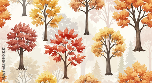 Autumnal Trees Seamless Pattern Watercolor Style Forest Illustration