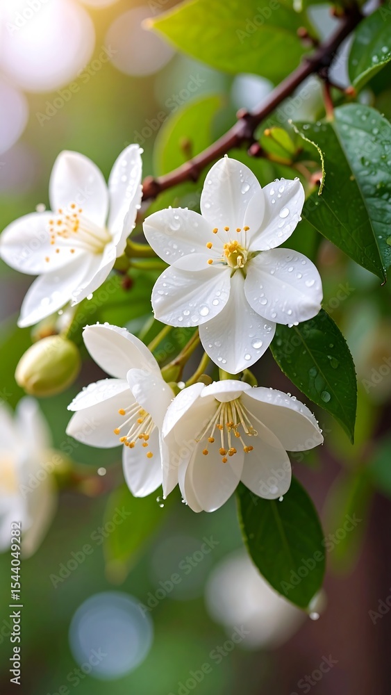 Fototapeta premium Dewy White Flowers on Branch.